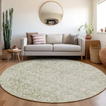 8' Artichoke Green Round Damask Washable Indoor Outdoor Area Rug