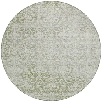8' Artichoke Green Round Damask Washable Indoor Outdoor Area Rug