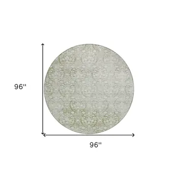 8' Artichoke Green Round Damask Washable Indoor Outdoor Area Rug