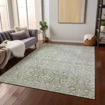 8' X 10' Artichoke Green Damask Washable Indoor Outdoor Area Rug