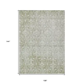 9' X 12' Artichoke Green Damask Washable Indoor Outdoor Area Rug