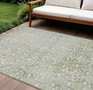 9' X 12' Artichoke Green Damask Washable Indoor Outdoor Area Rug