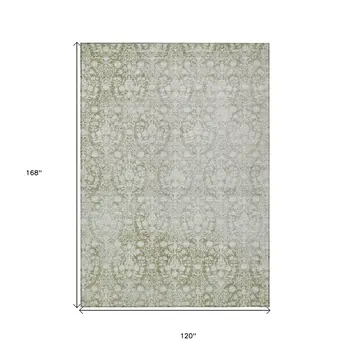 10' X 14' Artichoke Green Damask Washable Indoor Outdoor Area Rug