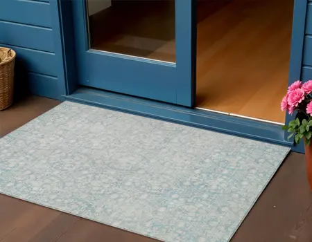 3' X 5' Aqua Damask Washable Indoor Outdoor Area Rug