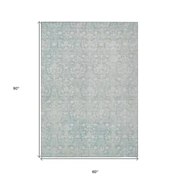 5' X 8' Aqua Damask Washable Indoor Outdoor Area Rug