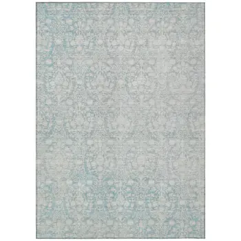 5' X 8' Aqua Damask Washable Indoor Outdoor Area Rug