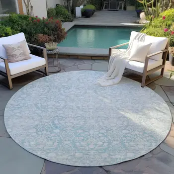8' Aqua Round Damask Washable Indoor Outdoor Area Rug