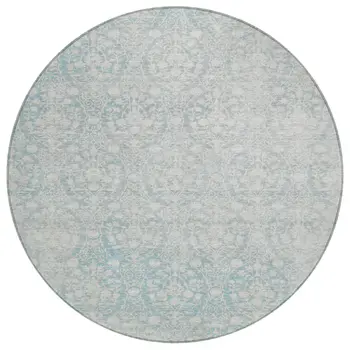8' Aqua Round Damask Washable Indoor Outdoor Area Rug