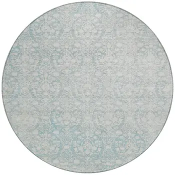 8' Aqua Round Damask Washable Indoor Outdoor Area Rug