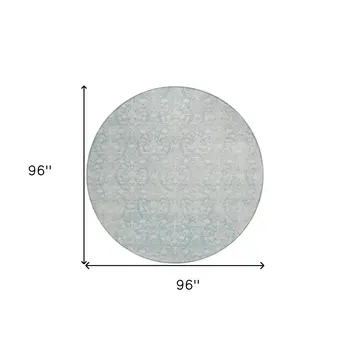 8' Aqua Round Damask Washable Indoor Outdoor Area Rug