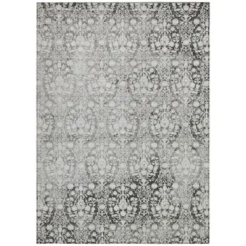 3' X 5' Charcoal Damask Washable Indoor Outdoor Area Rug