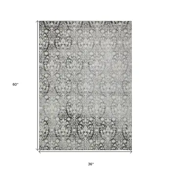 3' X 5' Charcoal Damask Washable Indoor Outdoor Area Rug