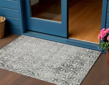 3' X 5' Charcoal Damask Washable Indoor Outdoor Area Rug