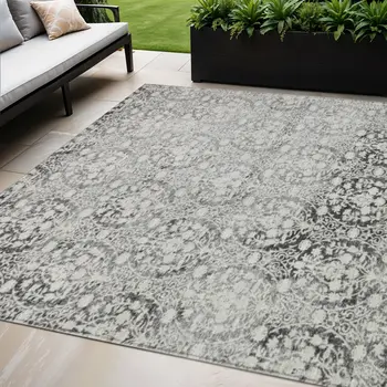 5' X 8' Charcoal Damask Washable Indoor Outdoor Area Rug