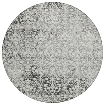 8' Charcoal Round Damask Washable Indoor Outdoor Area Rug
