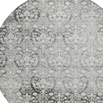 8' Charcoal Round Damask Washable Indoor Outdoor Area Rug