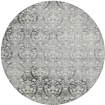 8' Charcoal Round Damask Washable Indoor Outdoor Area Rug