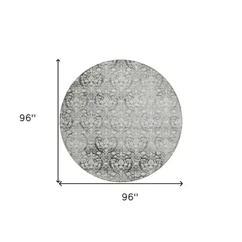 8' Charcoal Round Damask Washable Indoor Outdoor Area Rug