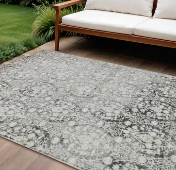 9' X 12' Charcoal Damask Washable Indoor Outdoor Area Rug