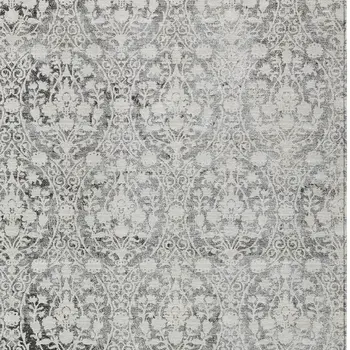 9' X 12' Charcoal Damask Washable Indoor Outdoor Area Rug