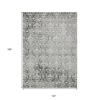 10' X 14' Charcoal Damask Washable Indoor Outdoor Area Rug