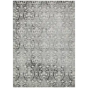 10' X 14' Charcoal Damask Washable Indoor Outdoor Area Rug