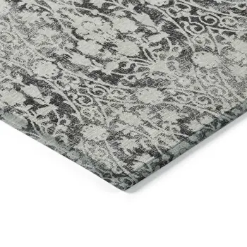10' X 14' Charcoal Damask Washable Indoor Outdoor Area Rug