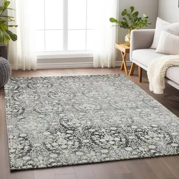 10' X 14' Charcoal Damask Washable Indoor Outdoor Area Rug