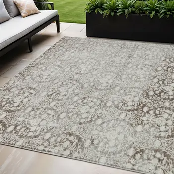 5' X 8' Chocolate Damask Washable Indoor Outdoor Area Rug