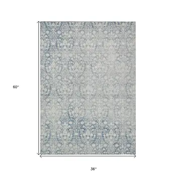 3' X 5' Denim Blue Damask Washable Indoor Outdoor Area Rug