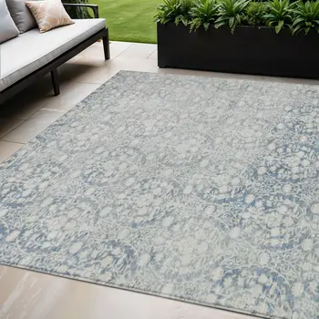 5' X 8' Denim Blue Damask Washable Indoor Outdoor Area Rug