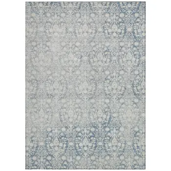 5' X 8' Denim Blue Damask Washable Indoor Outdoor Area Rug