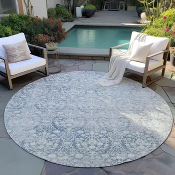 8' Denim Blue Round Damask Washable Indoor Outdoor Area Rug