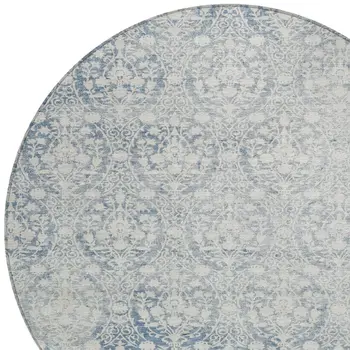 8' Denim Blue Round Damask Washable Indoor Outdoor Area Rug