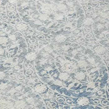 8' Denim Blue Round Damask Washable Indoor Outdoor Area Rug