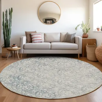 8' Denim Blue Round Damask Washable Indoor Outdoor Area Rug
