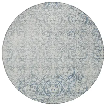 8' Denim Blue Round Damask Washable Indoor Outdoor Area Rug