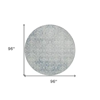 8' Denim Blue Round Damask Washable Indoor Outdoor Area Rug
