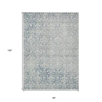 8' X 10' Denim Blue Damask Washable Indoor Outdoor Area Rug