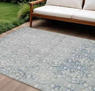 8' X 10' Denim Blue Damask Washable Indoor Outdoor Area Rug