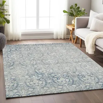 8' X 10' Denim Blue Damask Washable Indoor Outdoor Area Rug