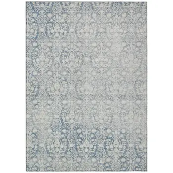 9' X 12' Denim Blue Damask Washable Indoor Outdoor Area Rug