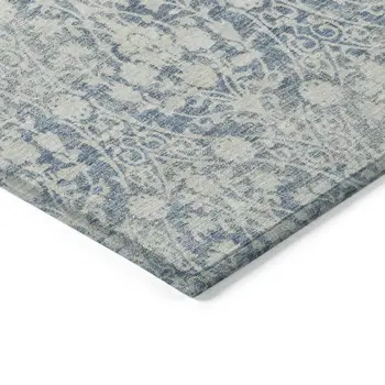 9' X 12' Denim Blue Damask Washable Indoor Outdoor Area Rug