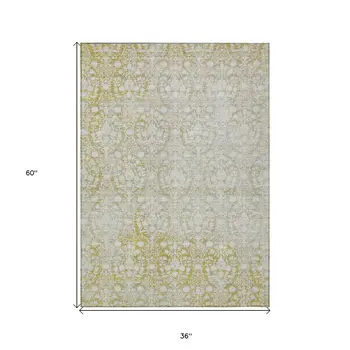 3' X 5' Gold Damask Washable Indoor Outdoor Area Rug