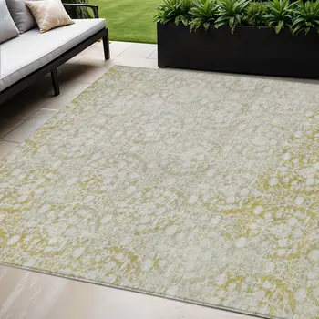 5' X 8' Gold Damask Washable Indoor Outdoor Area Rug