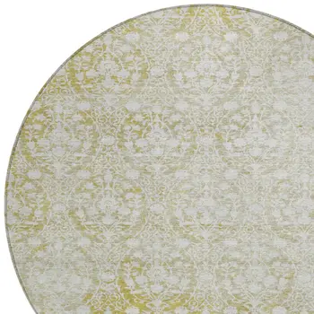 8' Gold Round Damask Washable Indoor Outdoor Area Rug