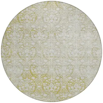 8' Gold Round Damask Washable Indoor Outdoor Area Rug