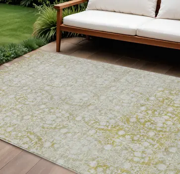 9' X 12' Gold Damask Washable Indoor Outdoor Area Rug
