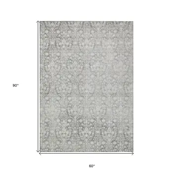 5' X 8' Gray Damask Washable Indoor Outdoor Area Rug