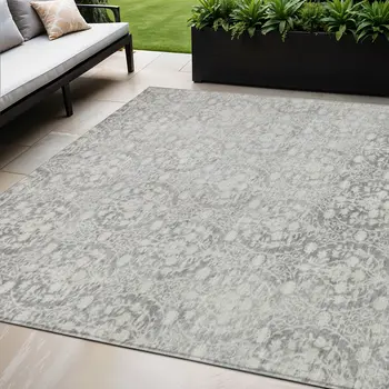5' X 8' Gray Damask Washable Indoor Outdoor Area Rug